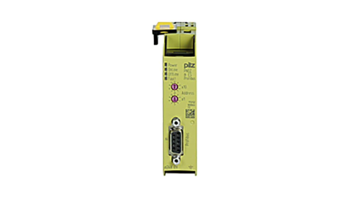 Pilz 772132, modulo di comunicazione PNOZmulti 2 per Profibus, montaggio su guida DIN, dimensioni 101,4 x 22,5 x 115 mm.