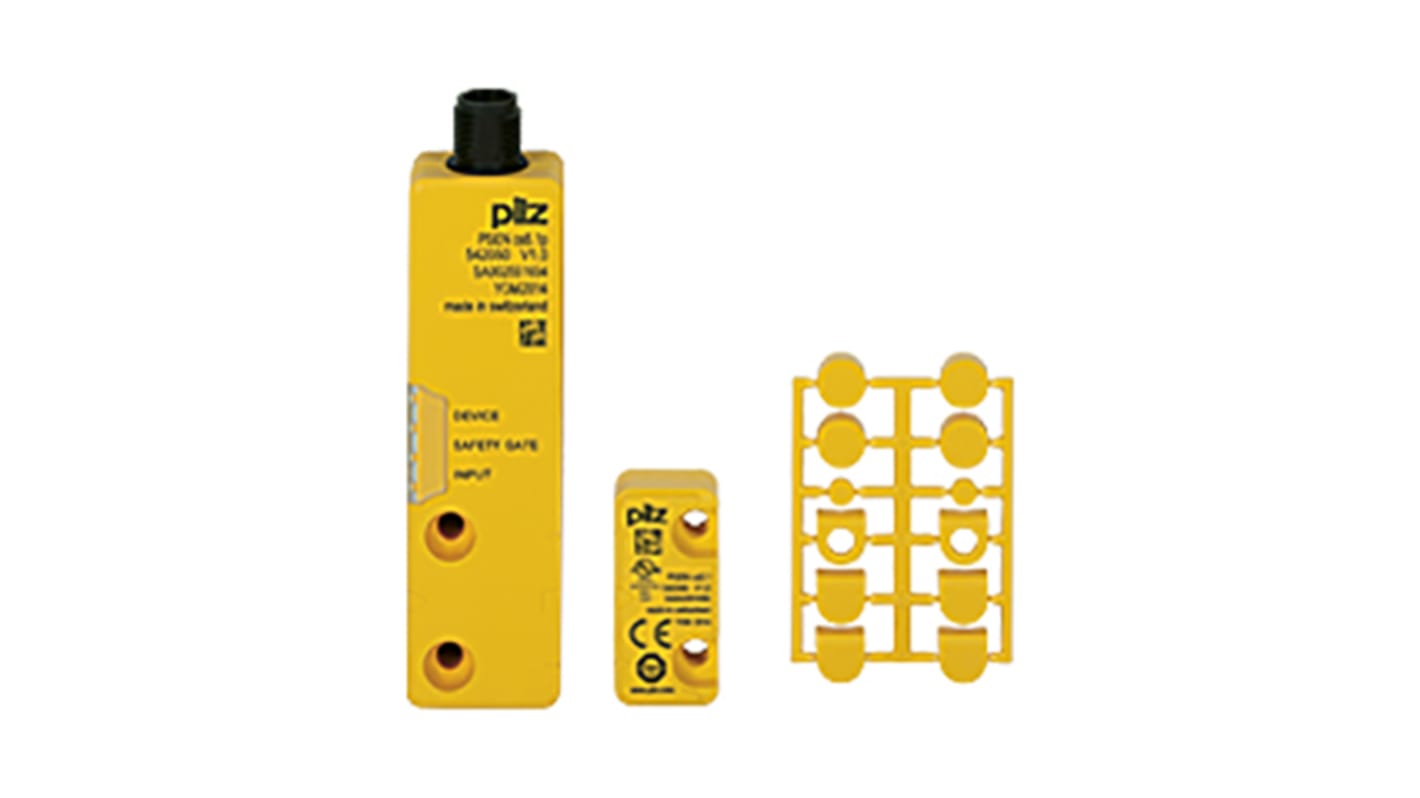 Interruttore di sicurezza M12 Pilz 542100, senza contatto, 24V cc, doppio canale, protezione IP66/IP67, dimensioni 97.6mm x 26.4mm x 13mm.