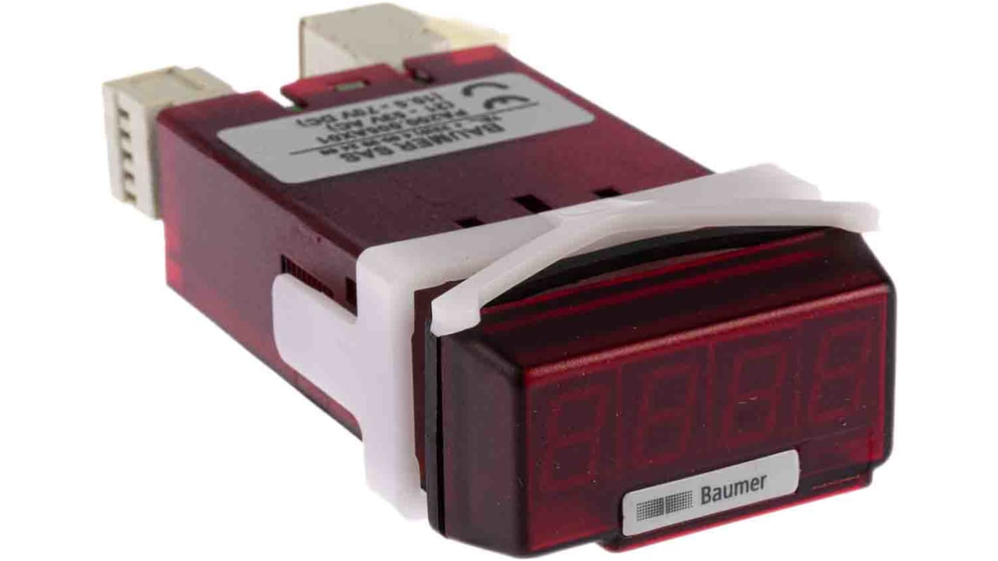 Baumer PA200.005AX01, misuratore digitale da pannello con display LED, ingresso corrente ±20mA, dimensioni 48mm x 24mm.