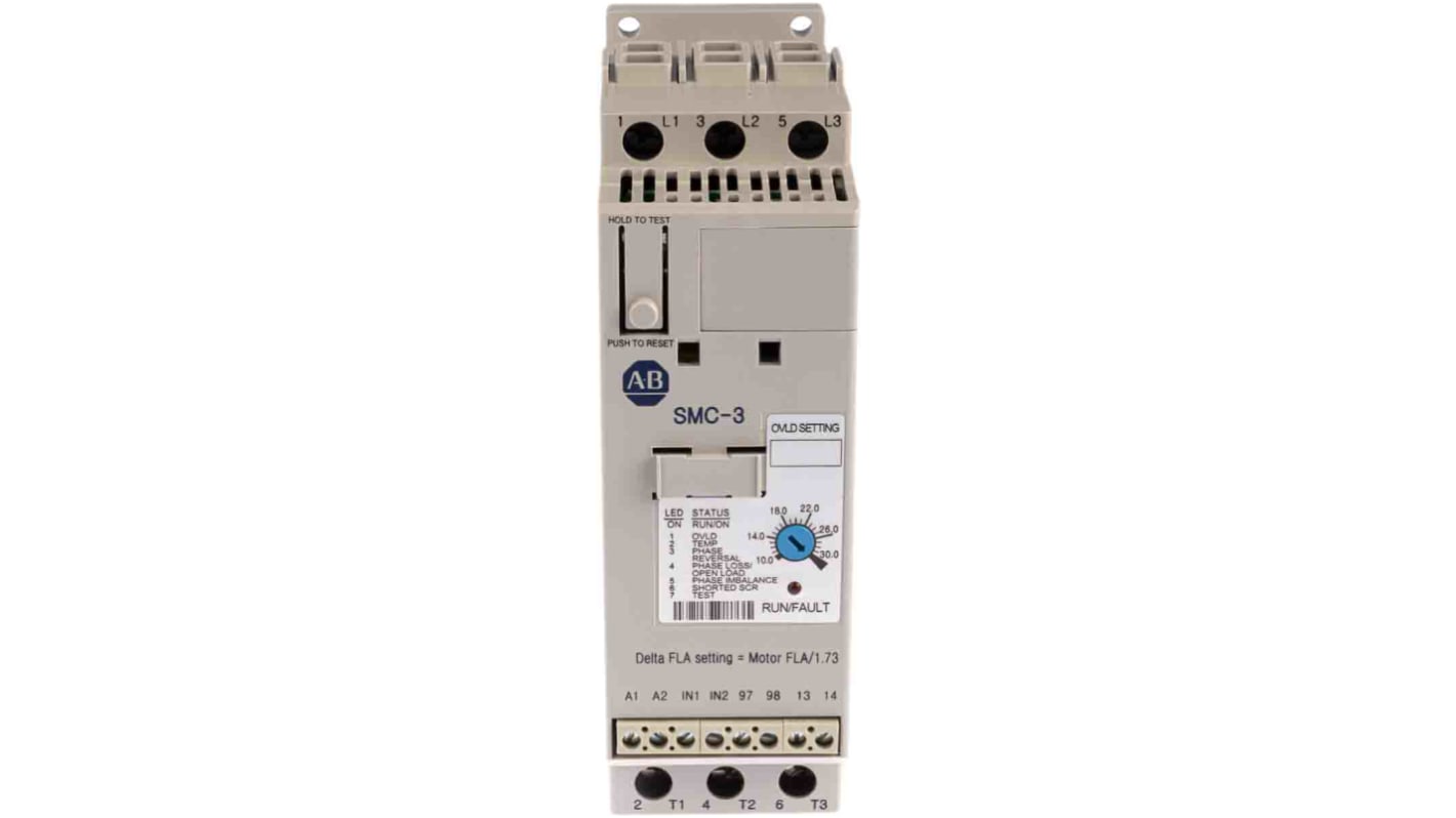 Allen Bradley 150-C30NBD, avviatore soft-start trifase 15 kW, 30 A, IP2X, con bypass integrato e programmazione semplificata.