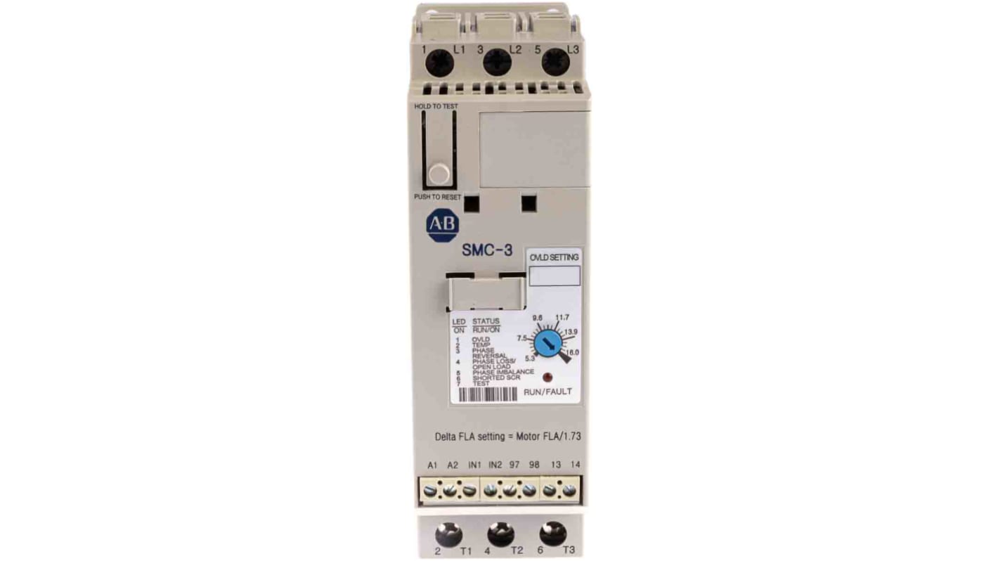 Avviatore soft-start Allen Bradley 150-C16NBR per motori trifase, potenza 7,5 kW, corrente 16 A, dimensioni 100x44,8x139,7 mm.