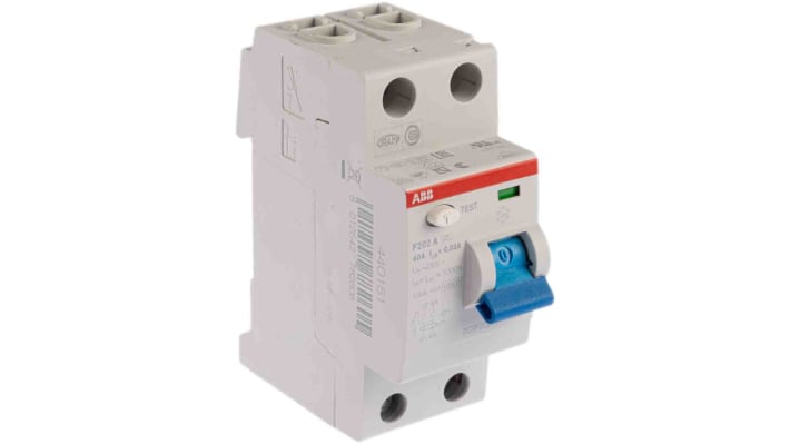 Interruttore differenziale ABB F202A-40/0.03, 2 poli, 40A, montaggio su guida DIN, dimensioni 69 x 85 x 35mm.