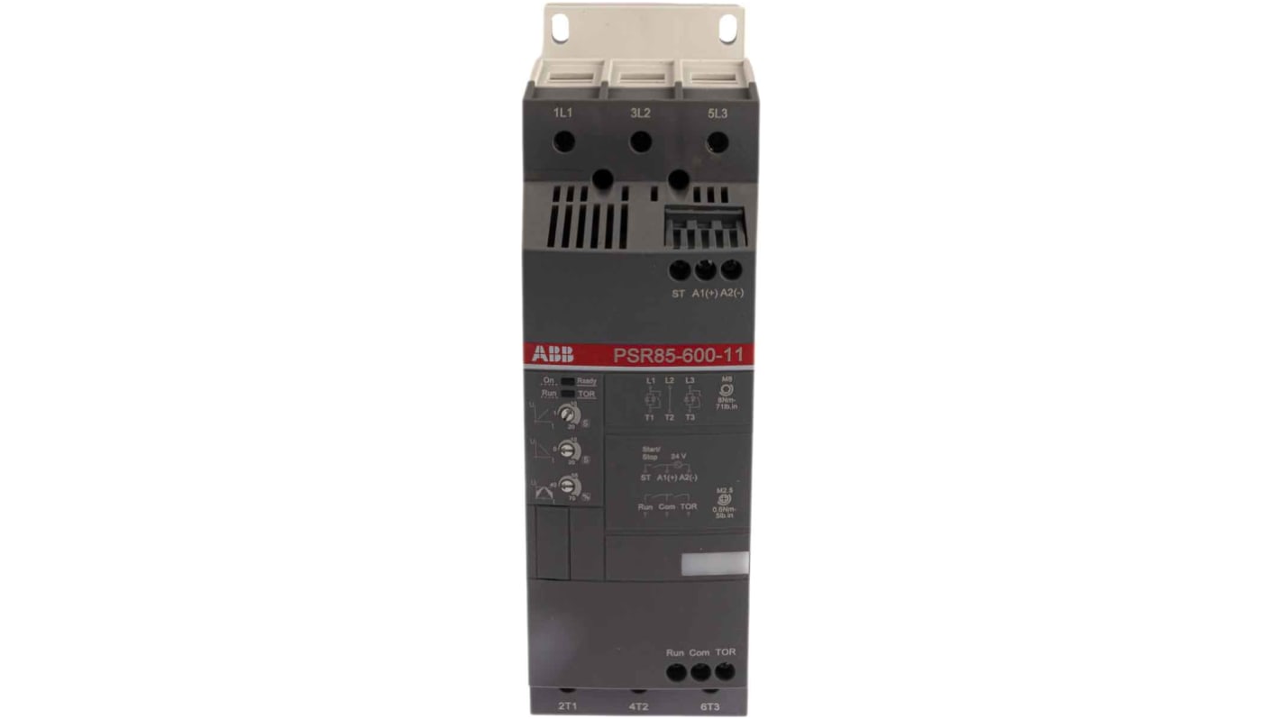 ABB 1SFA896114R1100, avviatore soft-start 3 fasi, potenza 55 kW, montaggio su guida DIN, dimensioni 70x180x220 mm.
