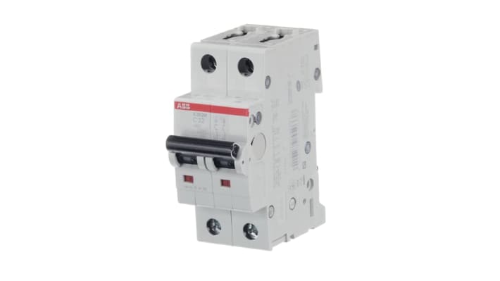 Interruttore magnetotermico ABB S202M-C32, 2 poli, 32 A, montaggio su guida DIN, larghezza 35 mm, capacità di interruzione 10 kA.
