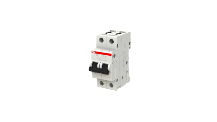 Interruttore magnetotermico bipolare ABB S202M-B6, 6A, 10 kA, montaggio su guida DIN, dimensioni 88x35x76 mm.