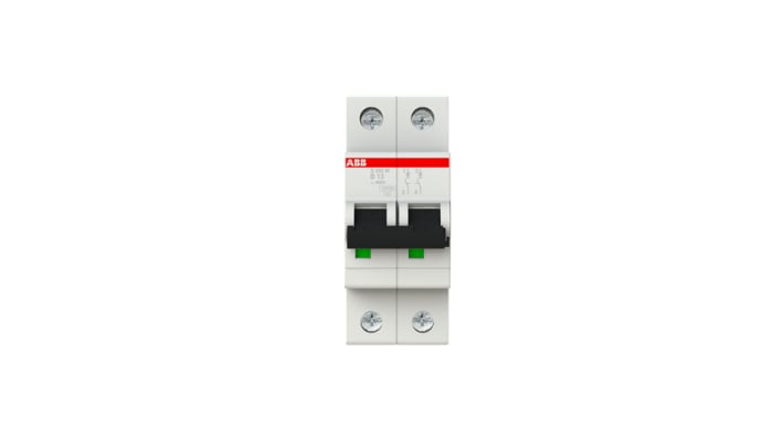 Interruttore magnetotermico bipolare ABB S202M-B13, 13A, 10 kA, montaggio su guida DIN, dimensioni 35x88x76 mm.
