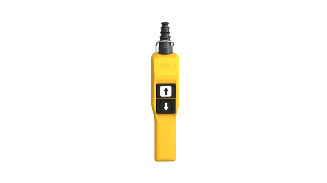 Stazione pensile a pulsante Schneider Electric XACA215, corpo giallo, 2 NA/2 NC, IP65, temperatura -25/+70 °C, design ergonomico.