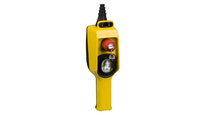 Stazione pensile a pulsante Schneider Electric XACD23A0105, protezione IP65, arresto di emergenza, operativa da -25 a +70 °C.