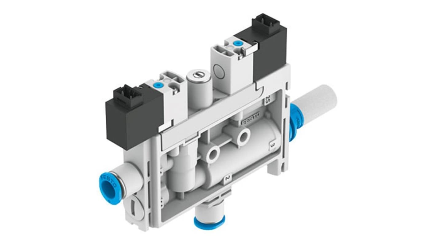 Generatore di vuoto Festo OVEL-10-H-15-PQ-VQ6-UC-C-A-H3, flusso massimo 21L/min, pressione di vuoto 4.1bar, silenziatore integrato.