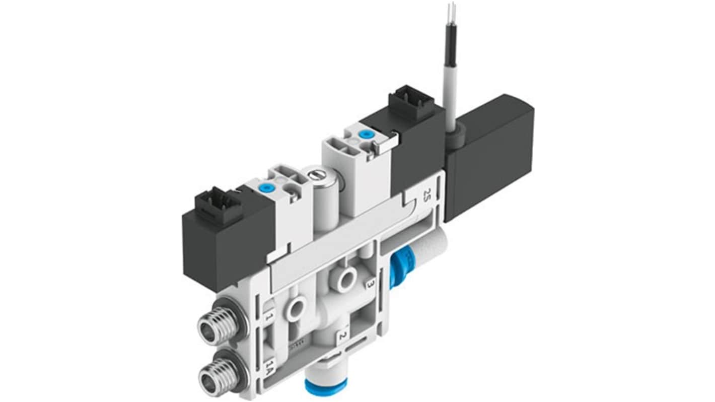 Generatore di vuoto Festo OVEL-5-H-10-P-VQ4-UC-C-A-V1PNLK-H3, flusso massimo 4L/min, compatibile IO Link, progettato per spazi ristretti.