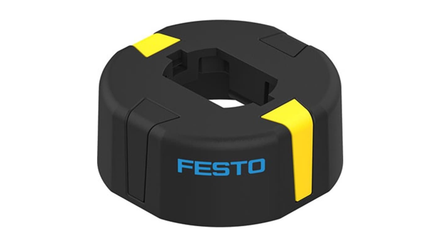 Sensore cilindro pneumatico Festo SASF-F9-DE-22-A20, robusto in POM e acciaio inox, operante da -20 a 80 °C. Design compatto e visibile.