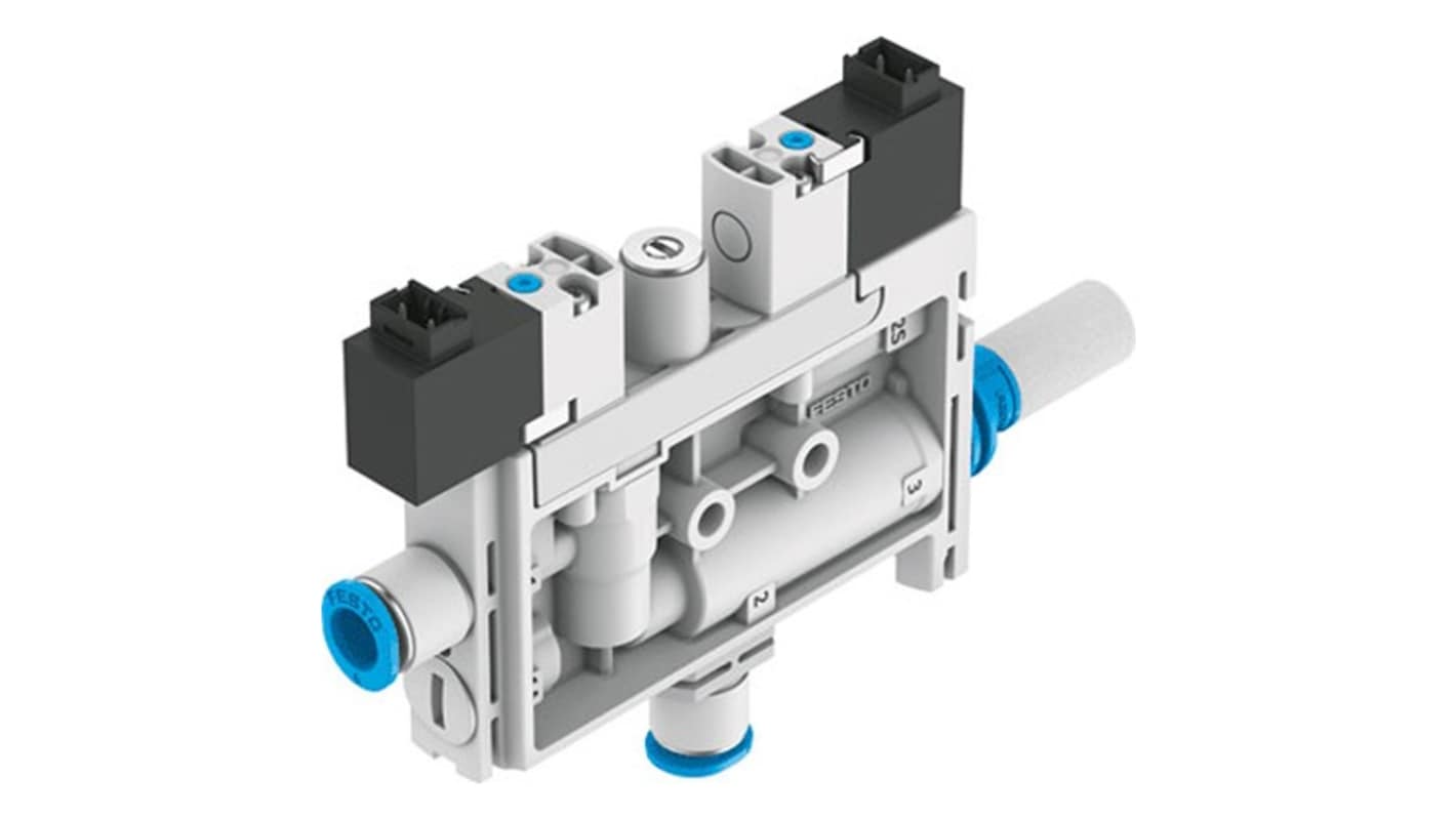 Generatore di vuoto Festo OVEL-7-H-15-PQ-VQ4-UC-C-A-H3, flusso 17L/min, pressione 4.8bar, design compatto a T, montaggio flessibile.