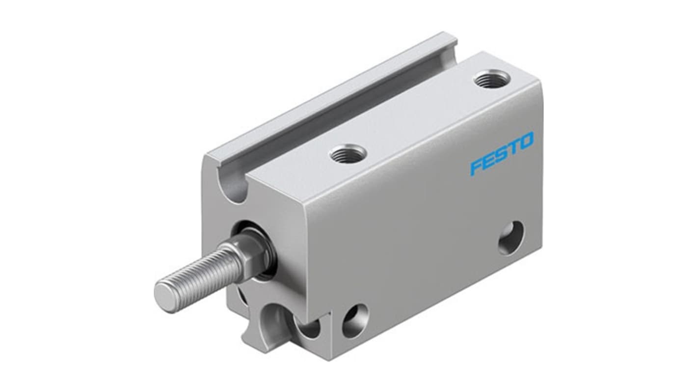 Cilindro pneumatico compatto Festo ADN-S-6-10-A-A-F1A, doppio effetto, foro 6 mm, corsa 10 mm, montaggio flessibile.