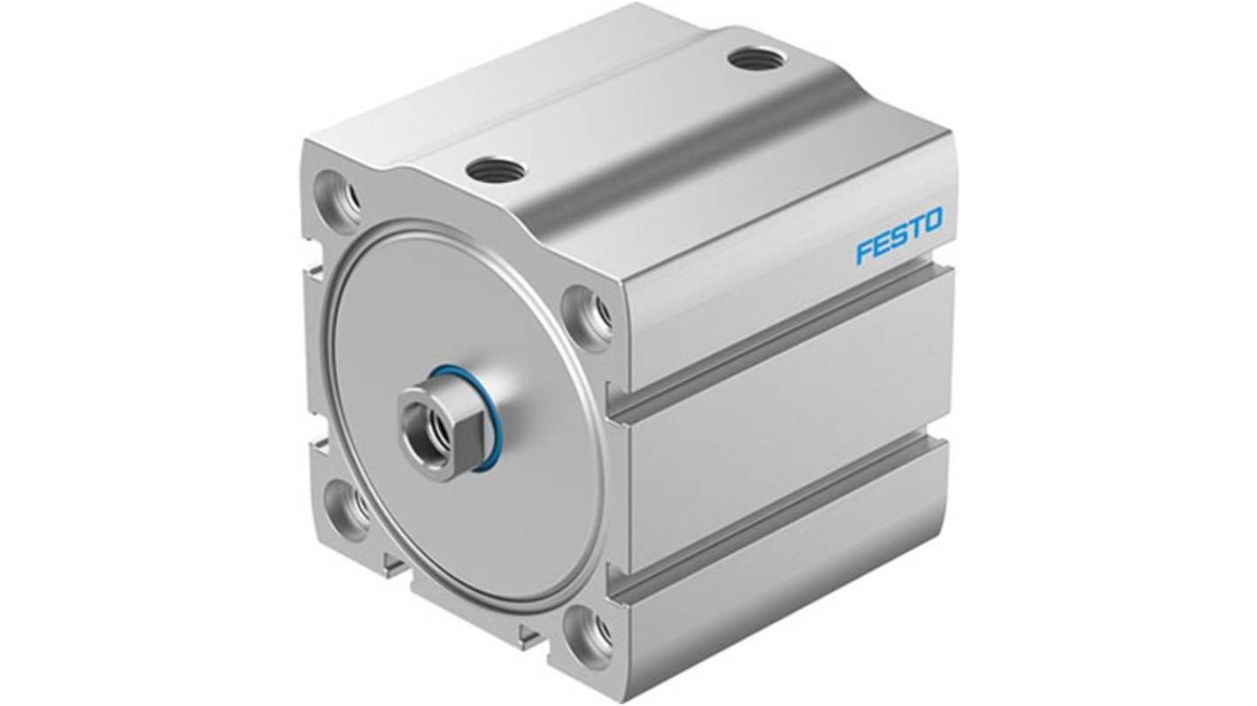 Cilindro pneumatico compatto Festo ADN-S-63-20-I-P-A-F1A, doppio effetto, foro 63 mm, corsa 20 mm, montaggio versatile.