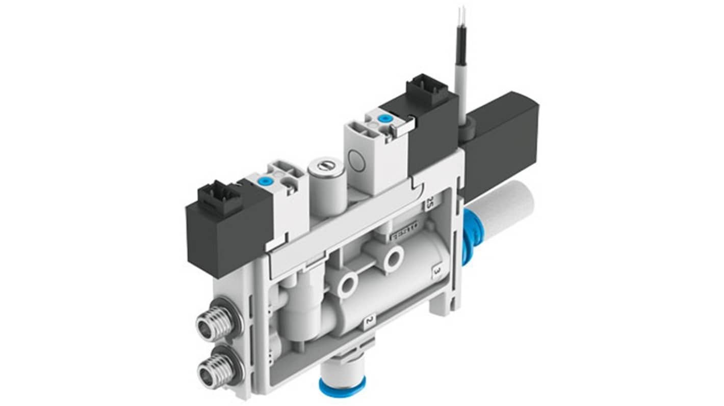 Generatore di vuoto Festo OVEL-7-H-15-P-VQ4-UC-C-A-V1PNLK-H3, flusso massimo 17L/min, pressione di vuoto 4.8bar, design a T.