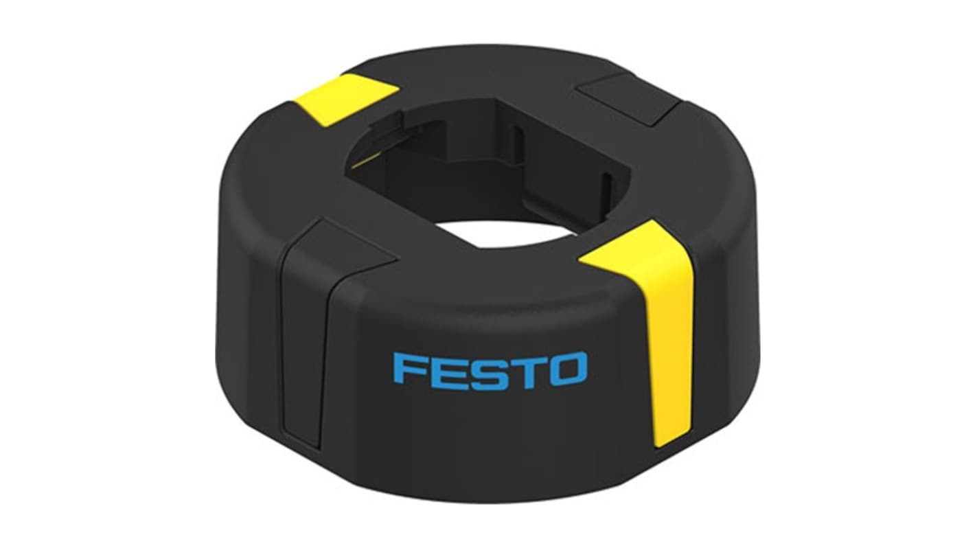 Festo SASF-F9-DE-25-A20, sensore per cilindro pneumatico, design compatto in POM, colori giallo e nero, conforme RoHS.