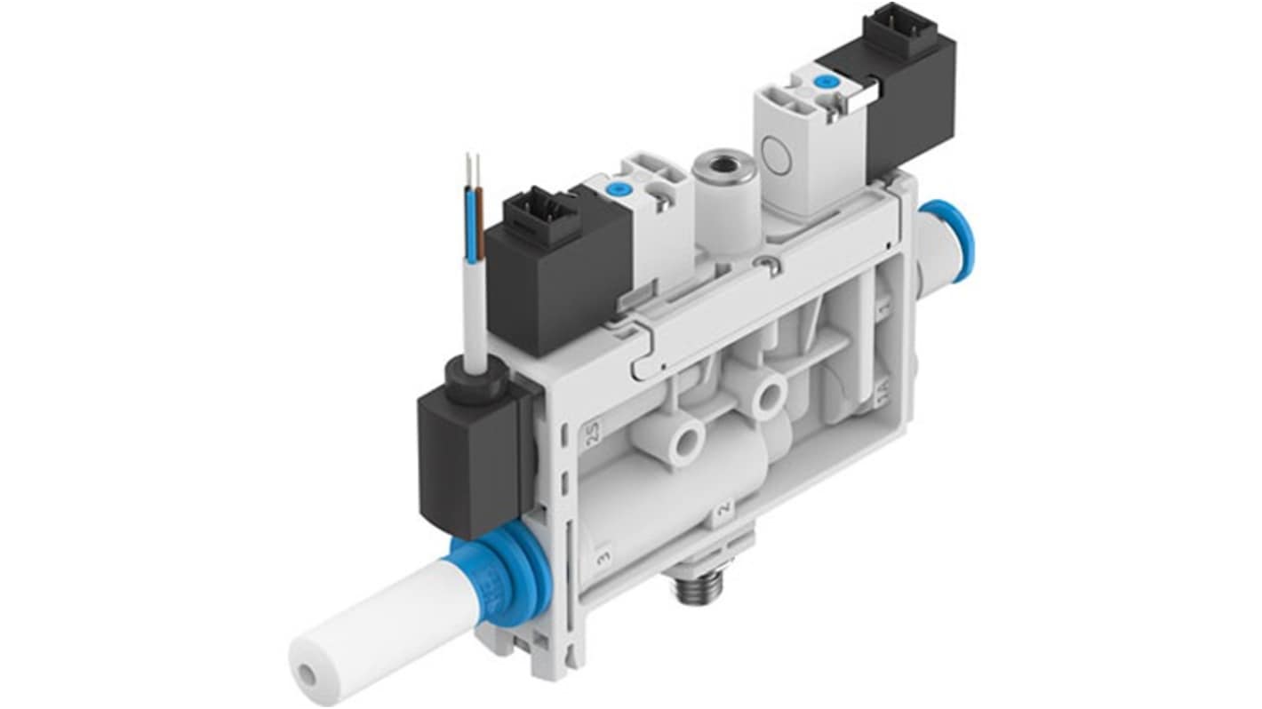 Generatore di vuoto Festo OVEL-10-H-15-PQ-VM7-UA-C-A-V1V-H3, flusso massimo 21 L/min, design a T, diametro ugello 0.95 mm.