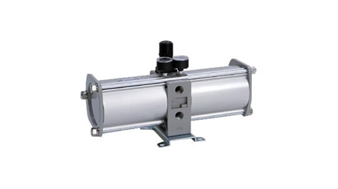 Regolatore pneumatico SMC VBA20A-F03GS, attacco G 3/8, incremento pressione 2:1, manometro integrato, design compatto.