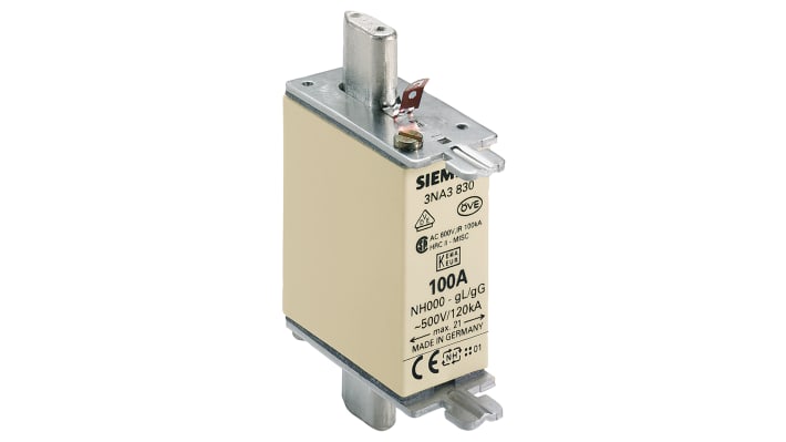 Fusibile NH Siemens 100A, tipo a lama, corpo ceramico, contatti argentati, lunghezza 77.8mm, compatibile misura 00.