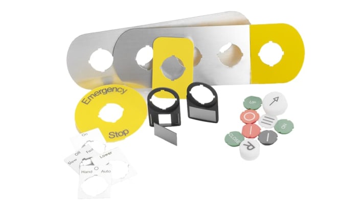 Piastra per legenda ABB, diametro 59 mm, in alluminio giallo con iscrizione nera, per arresto di emergenza, facile installazione.