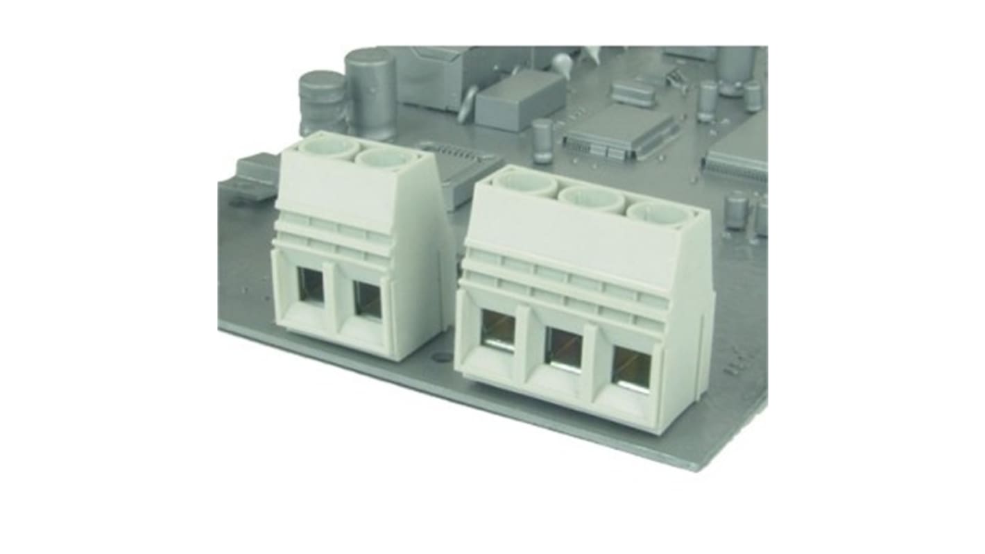 Morsettiera femmina a 2 vie Amphenol Industrial VP0265540000G per montaggio PCB, passo 10mm, con involucro termoplastico e contatti in acciaio zincato.