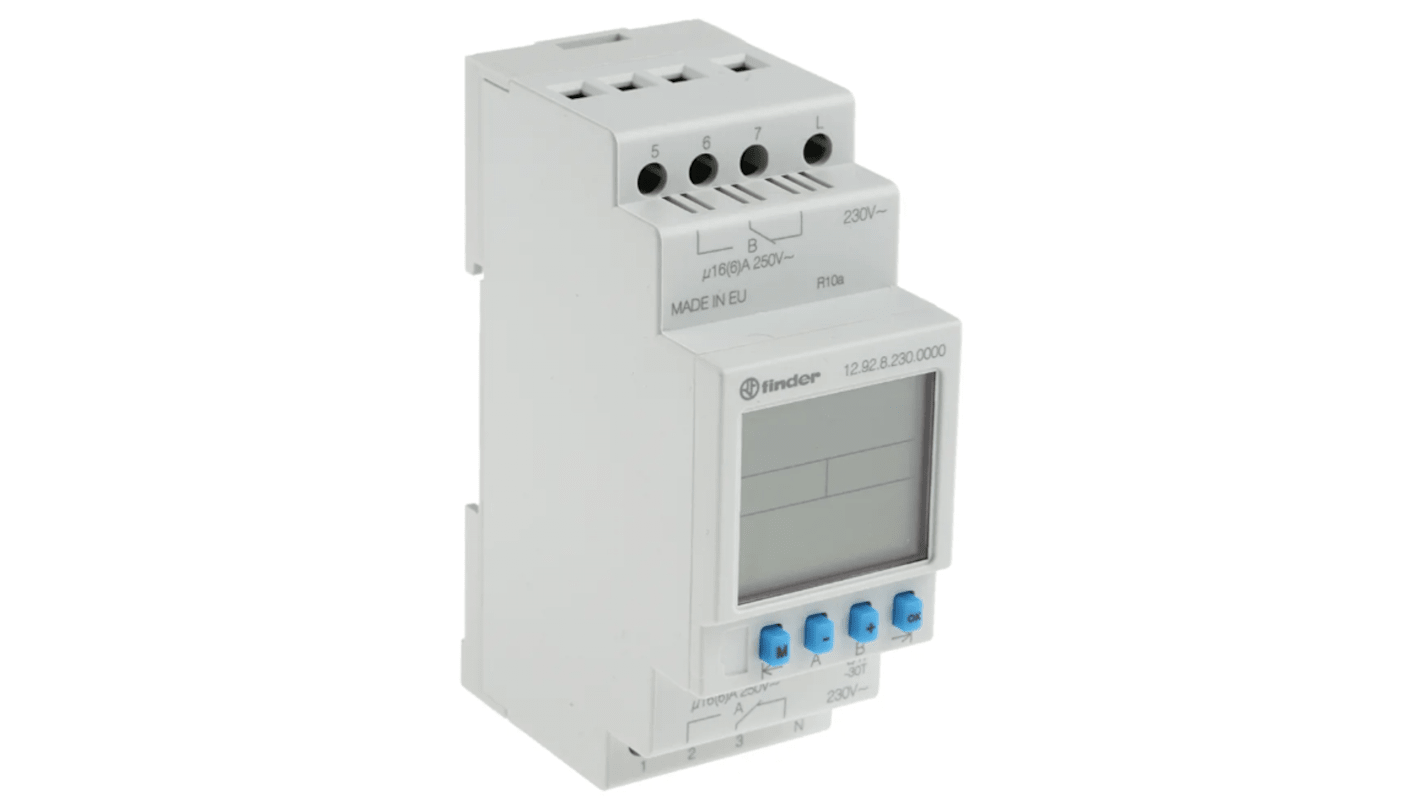 Finder 12.92.8.230.0000, temporizzatore digitale per guida DIN, 2 canali, 230 V, larghezza 35,8 mm, IP20.