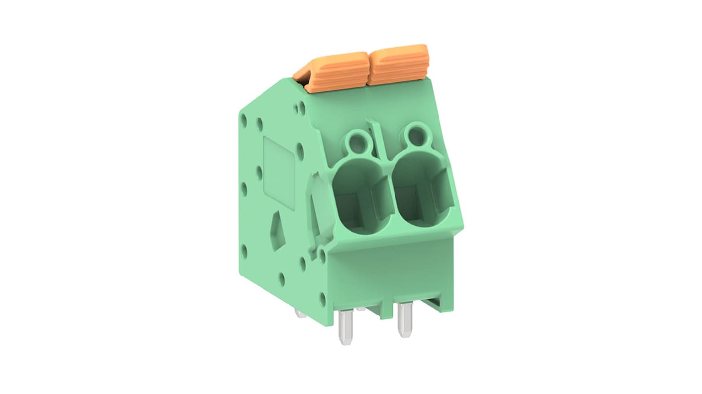 Molex 2213910002, morsettiera PCB a 2 vie, passo 7.5mm, attivazione a leva, corrente 40A, tensione 300V.