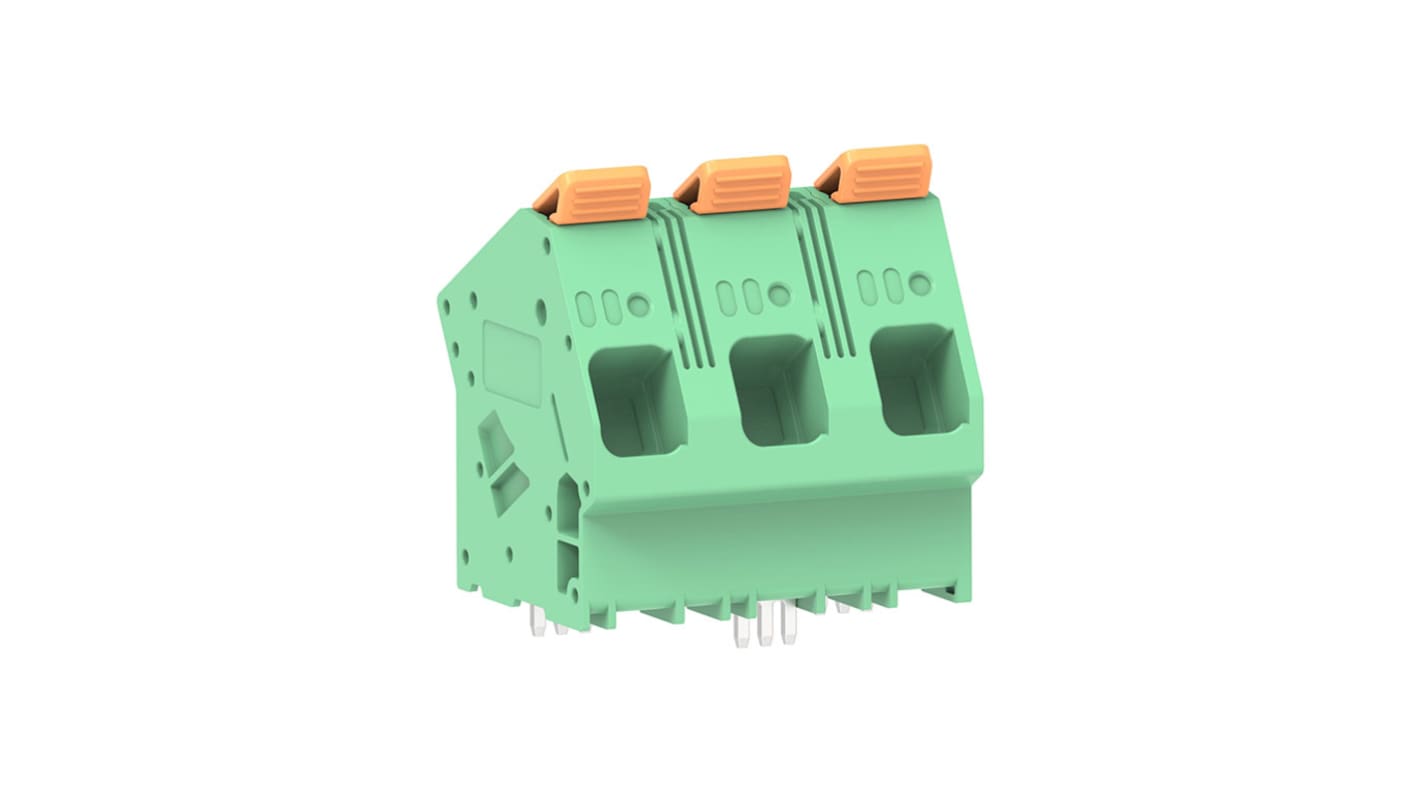 Molex 2249340003, morsettiera PCB 3 vie, passo 15mm, montaggio a foro passante, temperatura -40/+115°C, conforme RoHS.