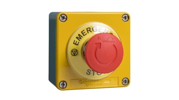Stazione di controllo Schneider Electric, pulsante di emergenza giallo, montaggio a pannello, IP65, dimensioni 80x80x51mm.