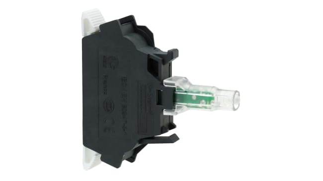 Blocco contatti luminoso LED bianco Schneider Electric ZBVB15, tensione 24V, corrente 18mA, grado di protezione IP20.