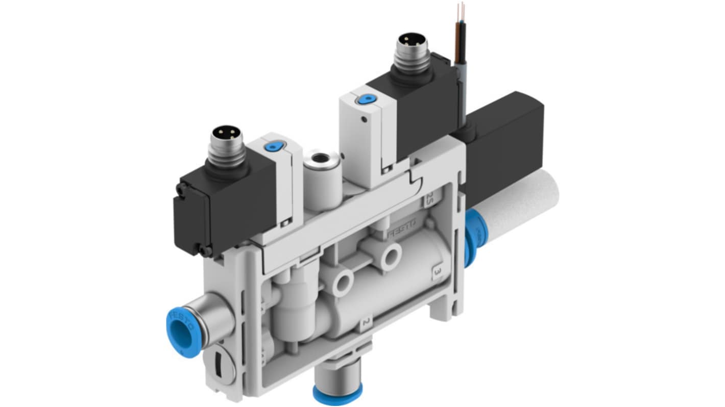 Generatore di vuoto Festo OVEL-10-H-15-PQ-VQ6-UA-C-A-V1PNLK-R8, flusso massimo 21 l/min, pressione vuoto fino a 3,8 bar.