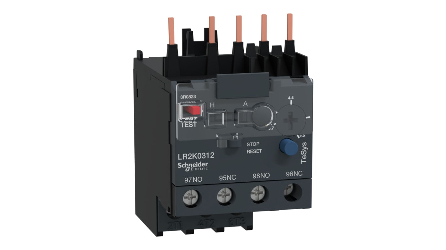 Relè termico miniaturizzato Schneider Electric LR2K0312, 5,5A, montaggio diretto su contattore. Protezione motore con reset automatico e manuale. Certificazioni internazionali.