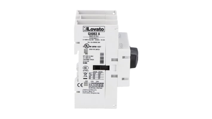 Interruttore di isolamento Lovato GA063A, 3 poli, 63A, IP65, montaggio su guida DIN, dimensioni 70mm x 75mm x 100mm.