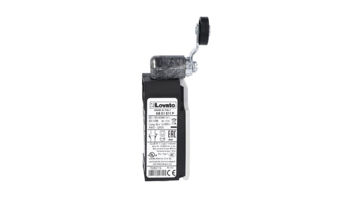 Interruttore di fine corsa Lovato KBE1S11, leva a rullo NO/NC, tensione 690V, corrente 10A, grado di protezione IP65, dimensioni 30mm x 108,5mm x 40mm.