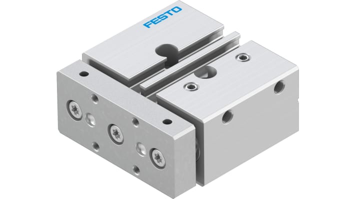 Cilindro pneumatico Festo DFM-12-10-P-A-GF, doppio effetto, corsa 10 mm, dimensioni 59 x 60 x 28 mm, struttura in alluminio.