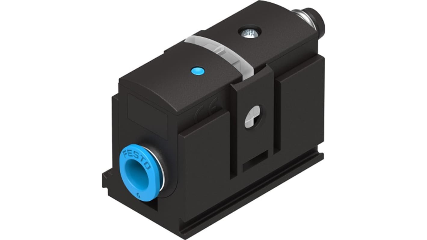 Sensore di pressione Festo SDE5-D10-O-Q6-P-M8, gamma 0-10 bar, attacco 6 mm, alimentazione 15-30 V cc, IP40.