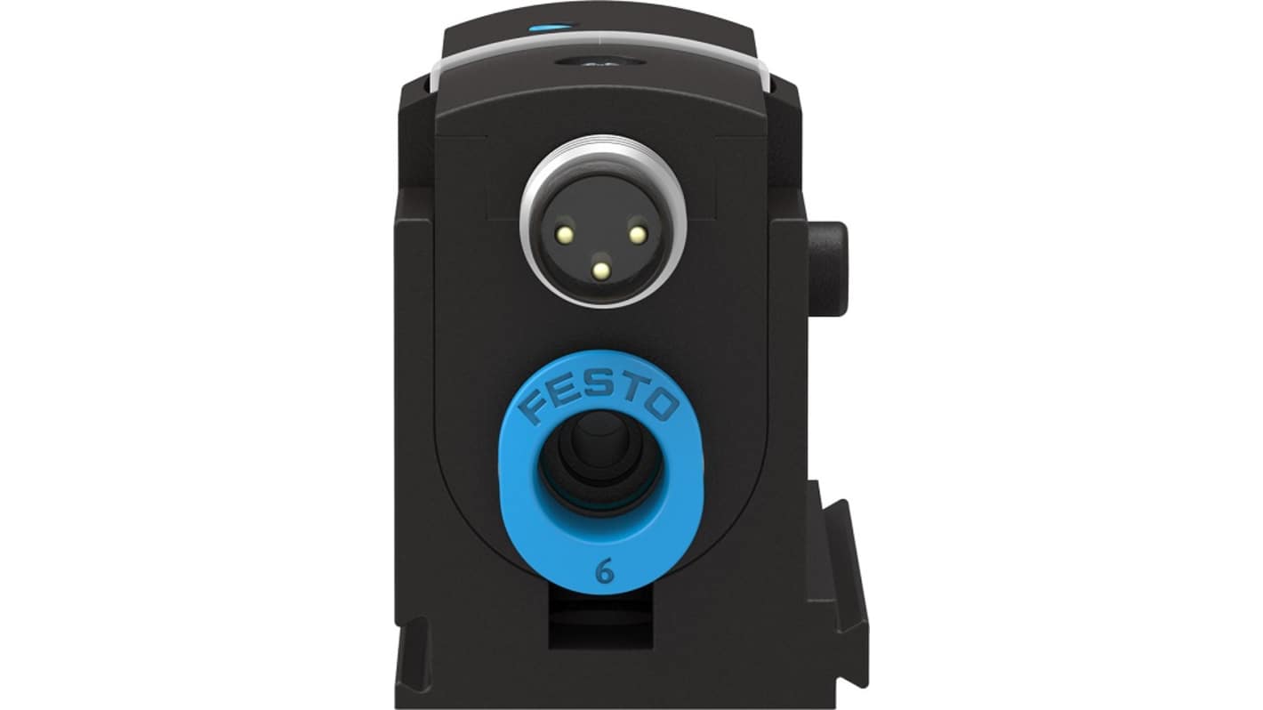 Sensore di pressione Festo SDE5-D10-O-Q6-P-M8, gamma 0-10 bar, attacco 6 mm, alimentazione 15-30 V cc, IP40.