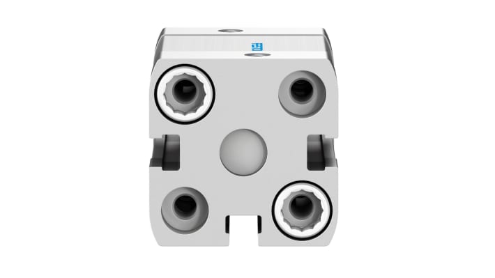 Cilindro pneumatico doppio effetto Festo ADN-20-15-I-P-A, foro 20 mm, corsa 15 mm, attacco M5, dimensioni 35.5 x 35.5 x 57.5 mm.