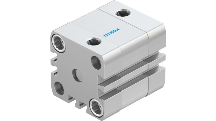 Cilindro pneumatico Festo ADN-32-10-I-P-A, doppio effetto, foro 32 mm, corsa 10 mm, pressione max 10 bar, dimensioni 47 x 47 x 60 mm.