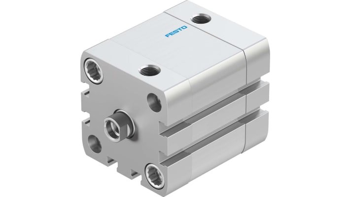 Cilindro pneumatico Festo ADN-40-20-I-P-A, doppio effetto, foro 40 mm, corsa 20 mm, attacco G 1/8, dimensioni 54,5 x 54,5 x 71,1 mm.