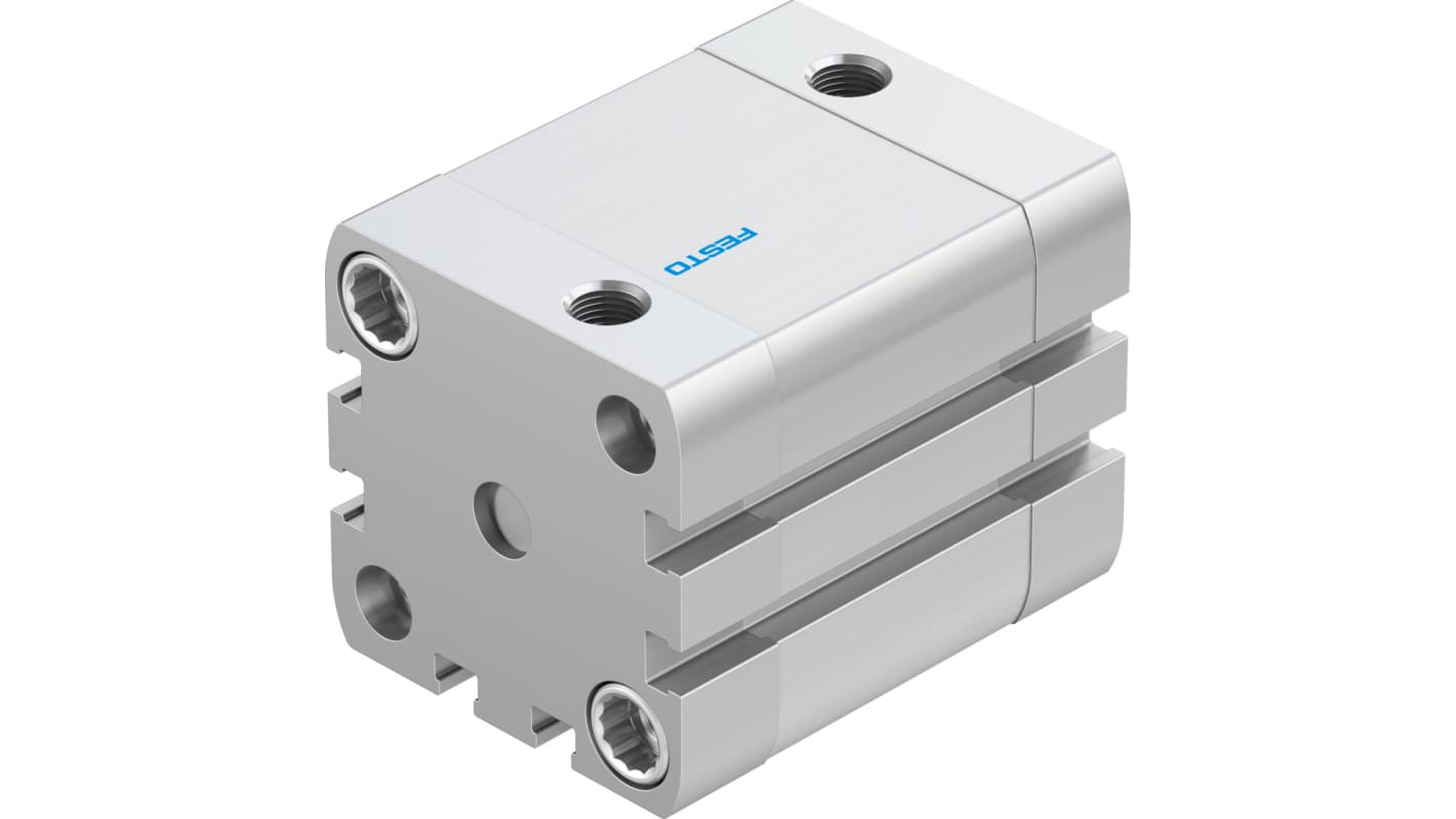 Cilindro pneumatico doppio effetto Festo ADN-40-25-I-P-A, foro 40 mm, corsa 25 mm, attacco G 1/8, dimensioni 54.5 x 54.5 x 76.1 mm.