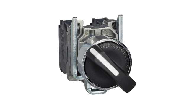 Selettore a 2 posizioni Schneider Electric XB4BD41, diametro foro 22mm, configurazione SPST, grado di protezione IP69K.