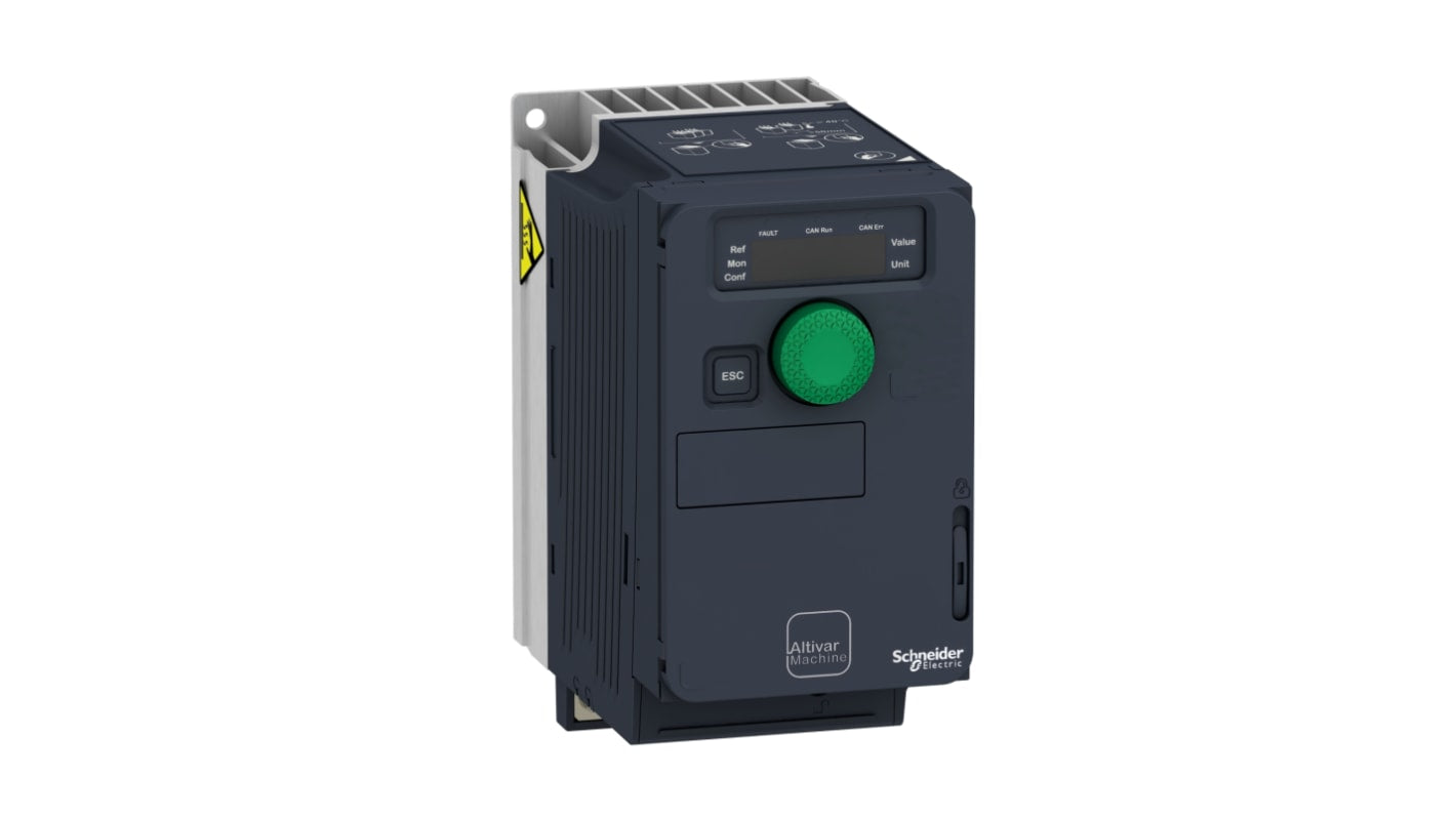 Variatore di velocità monofase Schneider Electric ATV320U06M2C 0,55 kW 230 V c.a. per motori sincroni/asincroni. Frequenza regolabile da 0,1 a 599 Hz, IP40, guida DIN. Ideale per tecnologia medica, imballaggio alimentare, gru e pompe industriali.