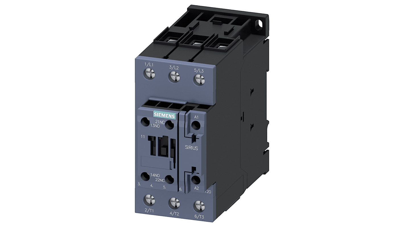 Contattore Siemens 3RT2037-1AK60, 3 poli, 3 NO, 80 A, montaggio su guida DIN, dimensioni 130x55x113.4 mm.