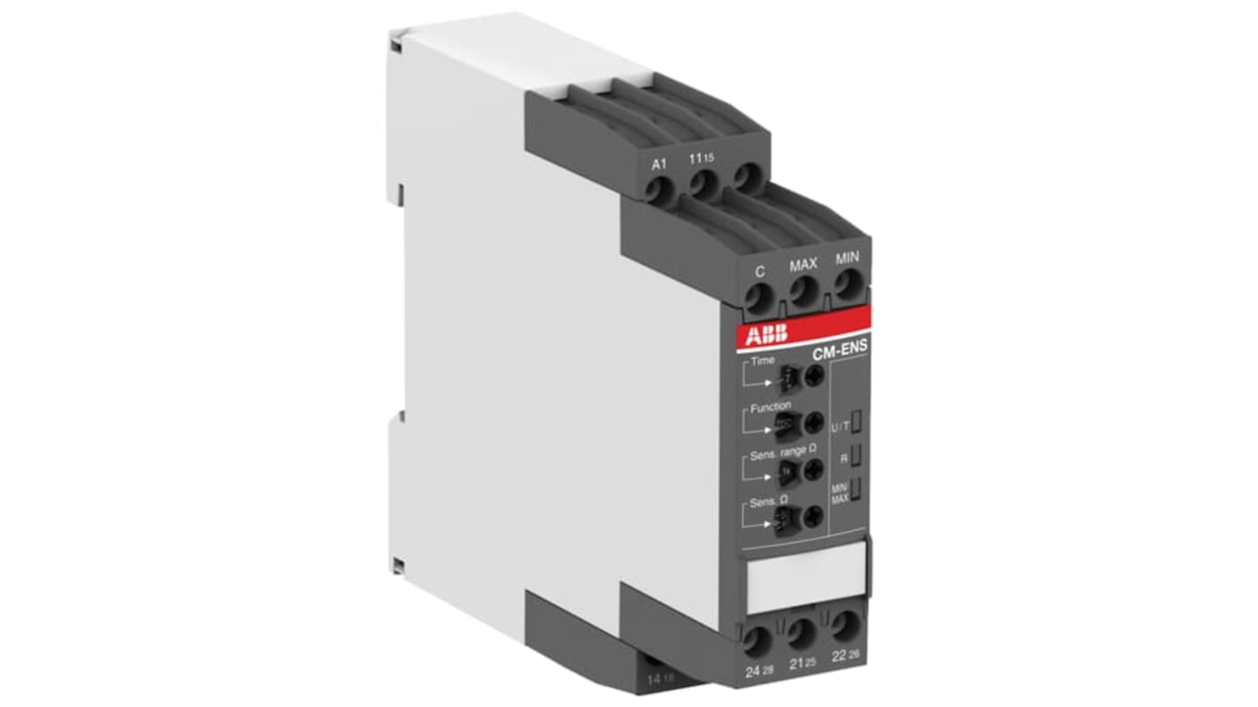 Relè di livello liquido ABB 1SVR730850R0300, montaggio su guida DIN, alimentazione 24-240 V, contatto SPDT, dimensioni 113,4 x 22,5 mm.