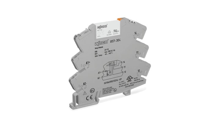 Relè d'interfaccia Wago 857304, 24V cc, montaggio su guida DIN, dimensioni 6 x 81 x 94 mm, LED giallo integrato.