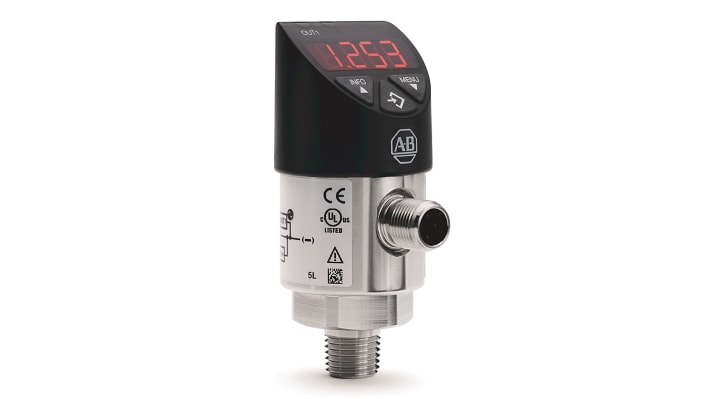 Sensore di pressione relativa Allen Bradley 836P-D2GMGC36PA-D4, IP67, uscita 4-20 mA, montaggio verticale, acciaio inox.