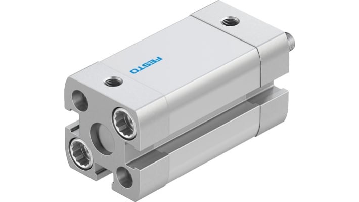 Cilindro pneumatico Festo ADN-12-20-A-P-A, doppio effetto, foro 12 mm, corsa 20 mm, dimensioni 27,5 x 27,5 x 59,2 mm.