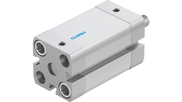 Cilindro pneumatico doppio effetto Festo ADN-20-30-A-P-A, foro 20 mm, corsa 30 mm, attacco M5, dimensioni 35.5 x 35.5 x 72.5 mm.