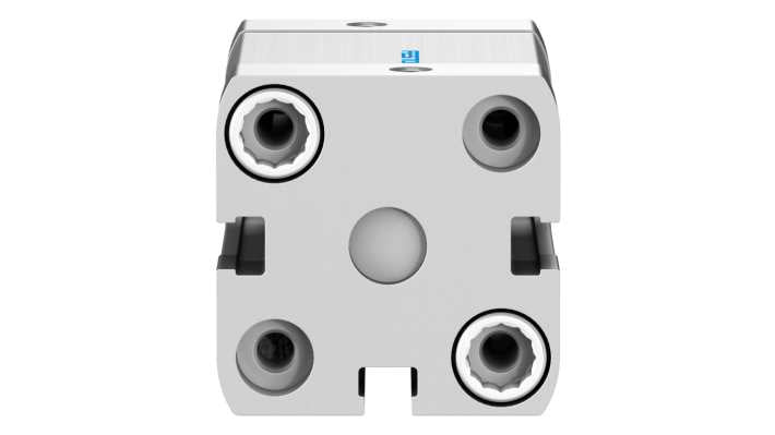 Cilindro pneumatico Festo ADN-25-20-A-P-A, doppio effetto, alesaggio 25 mm, corsa 20 mm, dimensioni 39.5 x 39.5 x 64.5 mm.